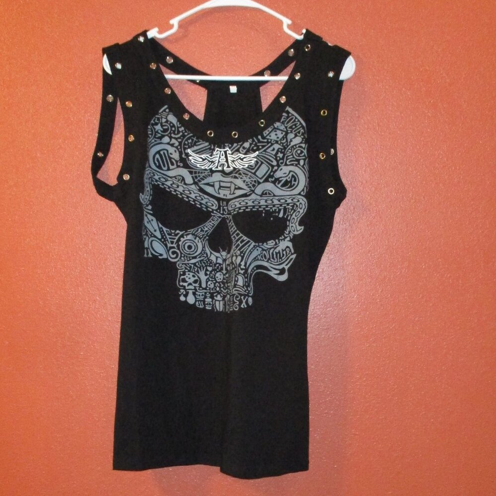 Skull Shirt Woman XX Large Black Gray White Outdoors Biker BBQ Party Tank Top